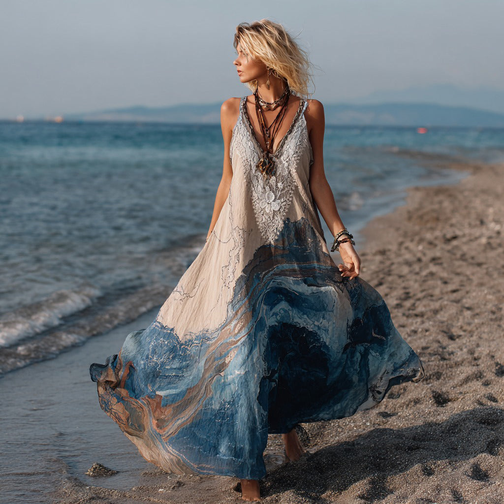 Vintage Marble Texture Collection Retro Bohemia Women Style Gradient Gilded Pattern Linen Maxi Dress artswardrobe