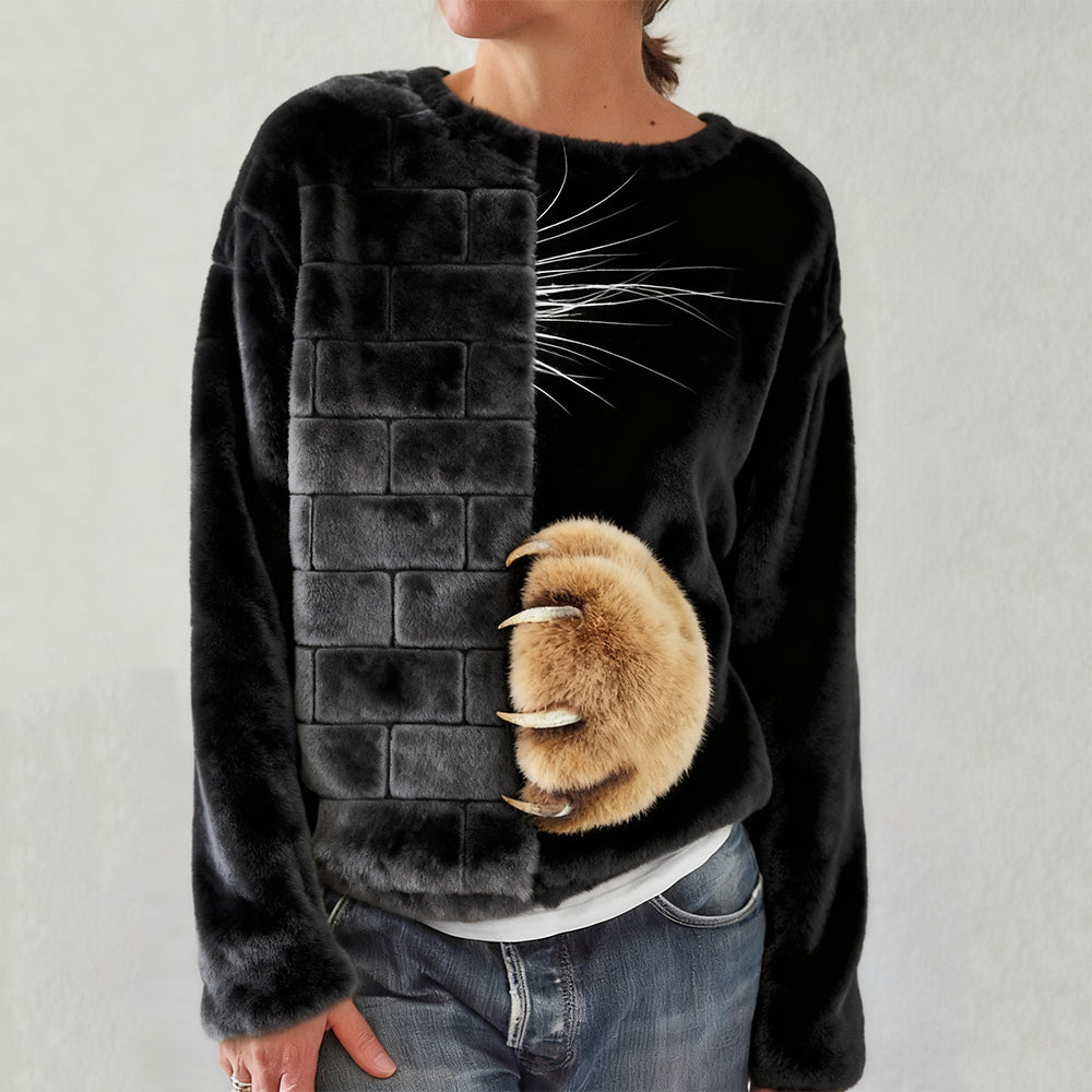 Cute Cat Paw Pattern Round Neck Plush Sweatshirt elevenforest