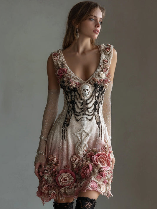 Comstylish Vintage Skull Roses Glitter Gradient V Neck Mini Dress