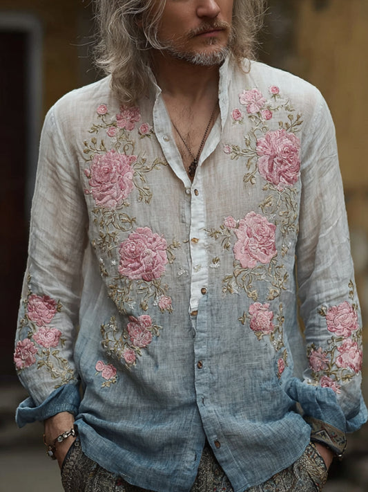 Men's Rose Embroidery Romantic Tie-dye Vintage Long-sleeved Shirt artswardrobe