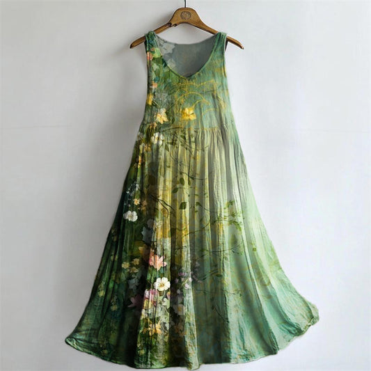 Women's Floral Art Print V-Neck Pocket Cotton Dress