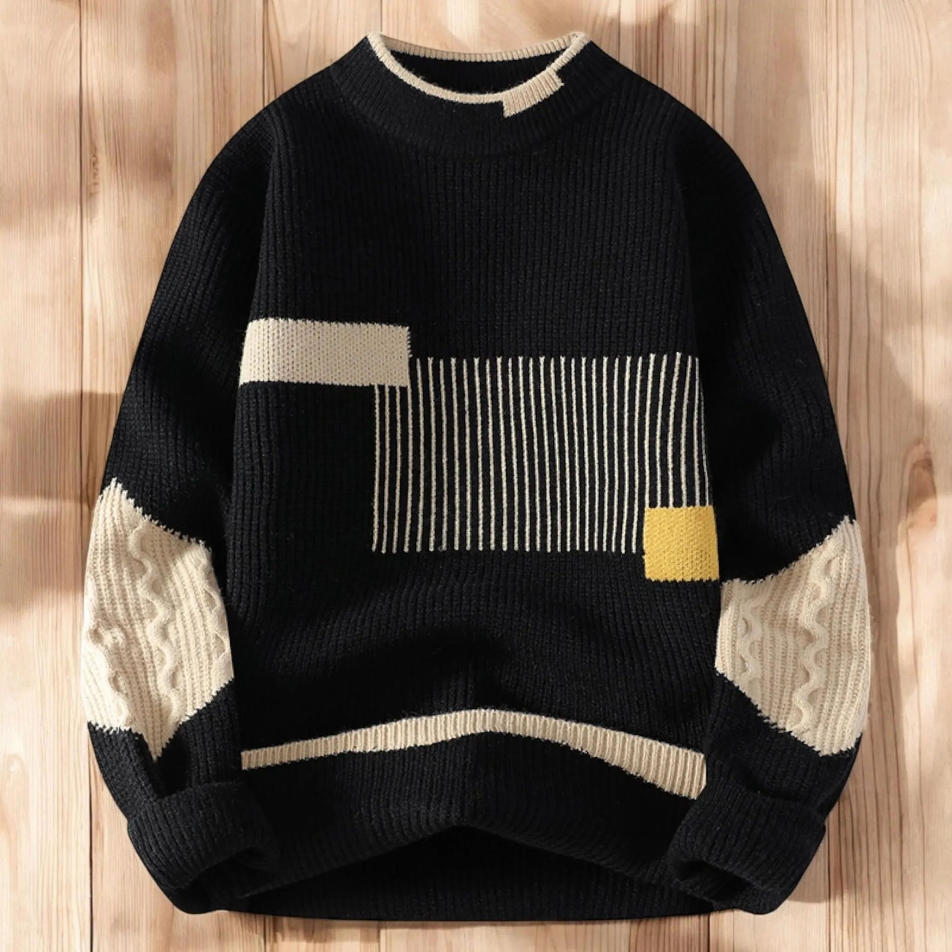 Vegan Mock Minimalist Knit Pullover Sustainable Patchwork Warmth Knitted Jacquard Unisex Sweater artswardrobe