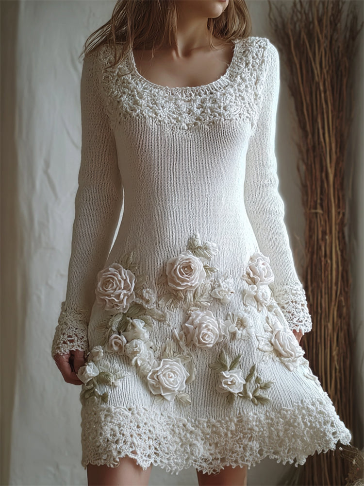 Comstylish Vintage White Roses Embroidered Lace Cozy Sweater Dress