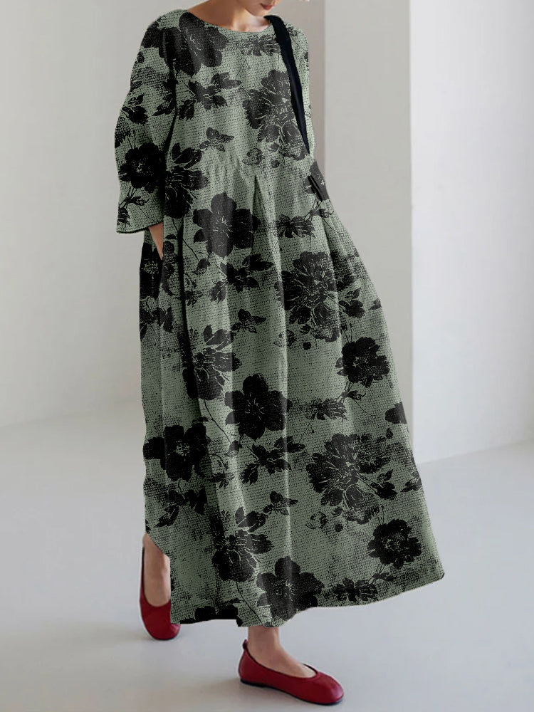 Comstylish Vintage Abstract Floral Art Linen Blend Maxi Dress