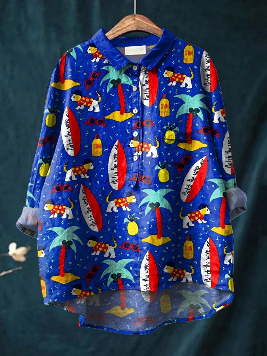 Vintage Lovely Surfing Dog Art Print Casual Cotton And Linen Shirt