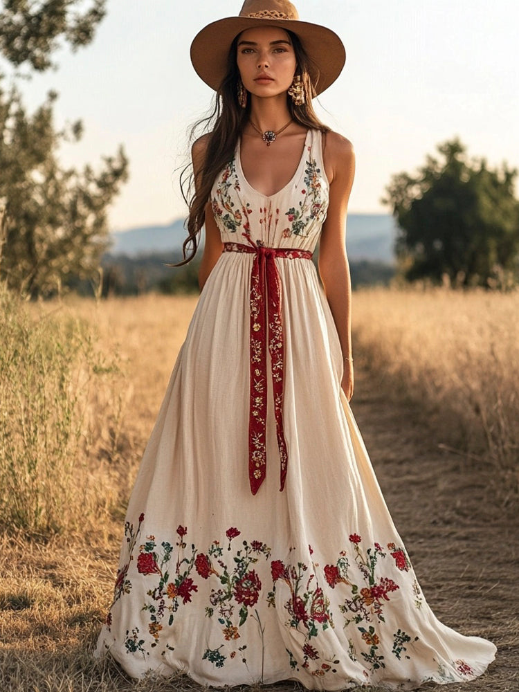 Western Girl Floral Embroidery Women's Linen Vest Dress artswardrobe
