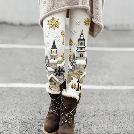 Christmas Snow Scene Embroidered Women's Knit Leggings