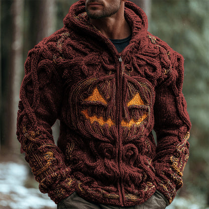 Halloween Pumpkin Emoji Men's Chunky Knit Full Zip Hooded Sweater artswardrobe