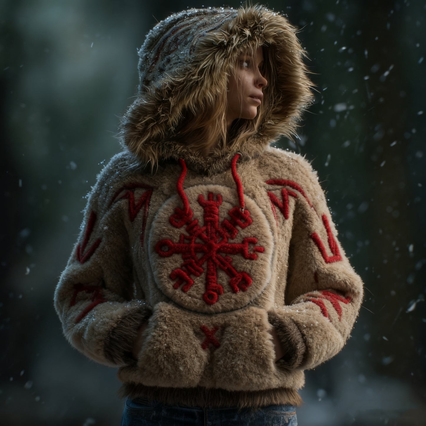 Women's Vintage Viking Celtic Knot Vegvisir Rune Plush Hoodie