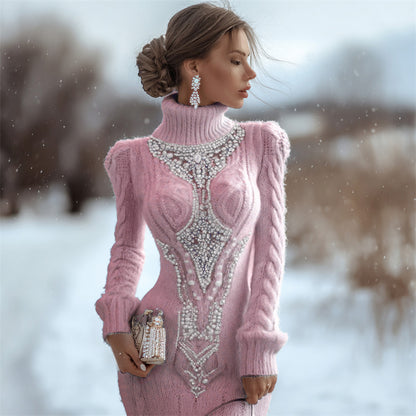 Comstylish Classy Opal Jewel Art Cable Knit Turtleneck Sweater Dress
