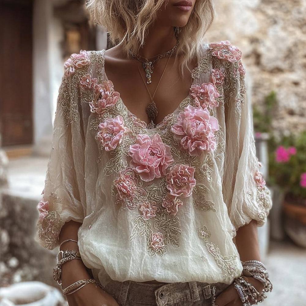 Comstylish Women's Vintage Floral Embroidered Long-sleeved Top