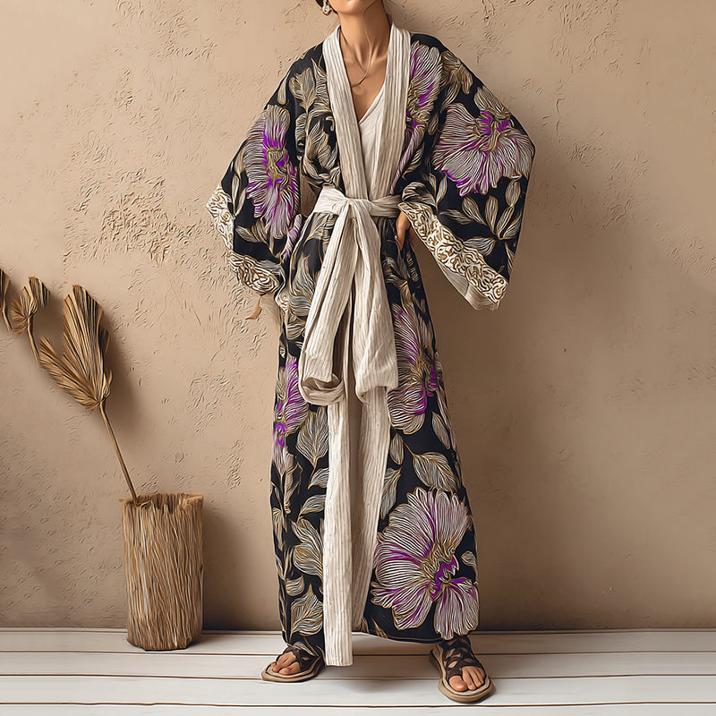 Women's Floral Art  Linen V-neck Robe artswardrobe