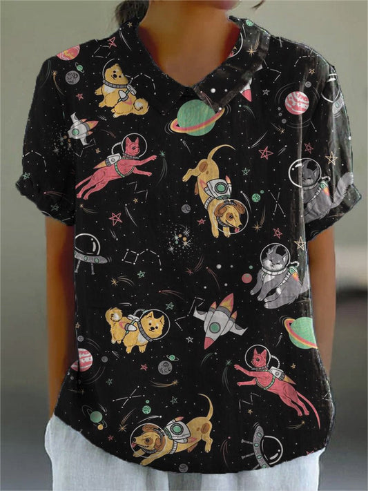 Women's Vintage Lovely Cats Dogs Art Print Casual Cotton And Linen Shirt