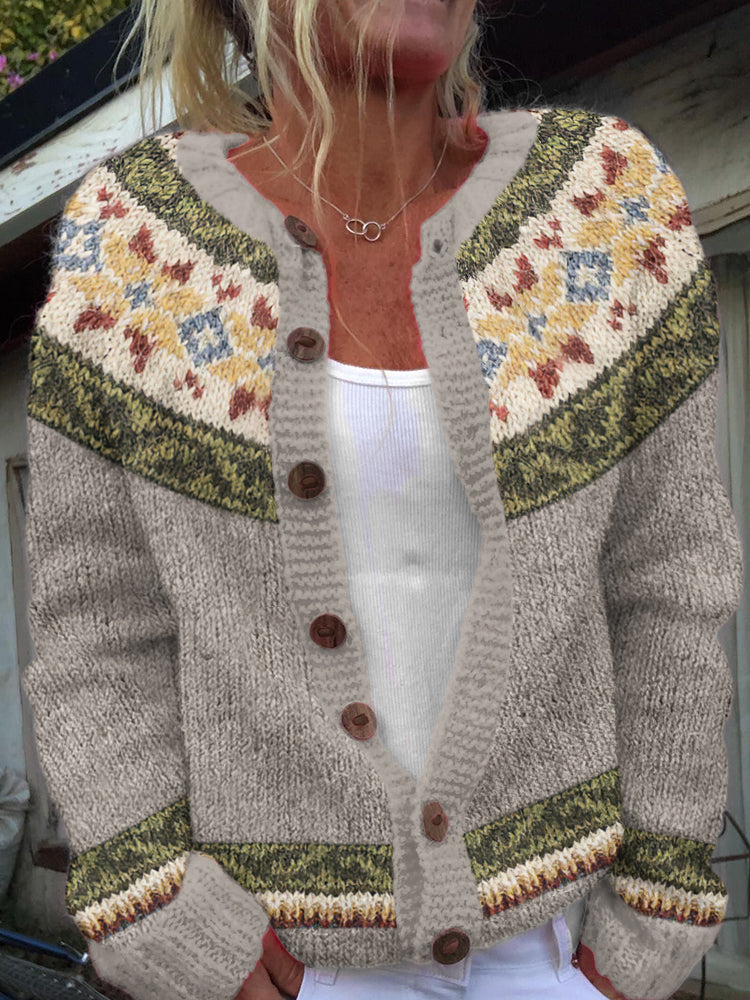 Vintage Icelandic Pattern Art Print Cozy Button Sweater elevenforest