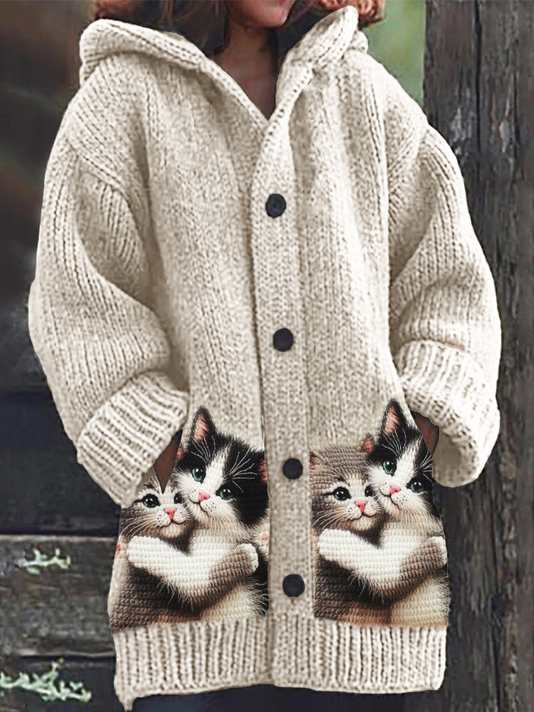 Comstylish Lovely Cats Embrace Crochet Cozy Knit Hooded Cardigan