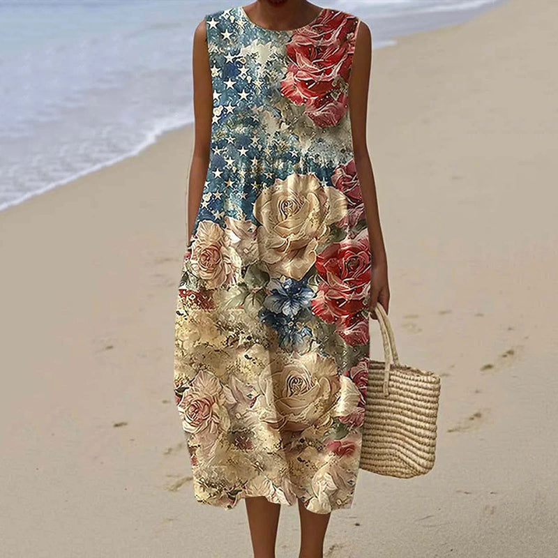 Women's Vintage Floral Independence Day Art Linen Tank Dress artswardrobe