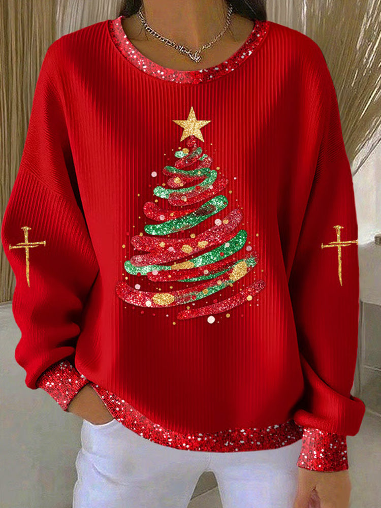 Comstylish Women's Casual Pink Christmas Tree Textured Sweatshirt