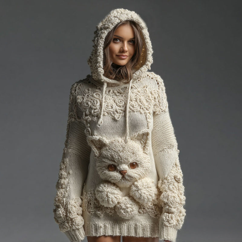 Women's Vintage Cute Cat Art Knitted Warm Cazy Hooded Sweater