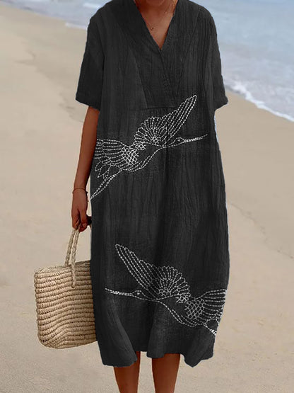 Comstylish Cranes Japanese Sashiko Embroidered Linen Blend Dress