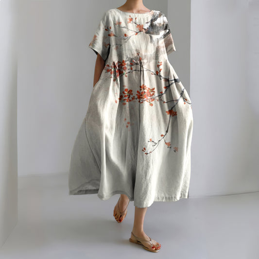 Comstylish Women Japanese Floral Art Printed Casual Midi Dress