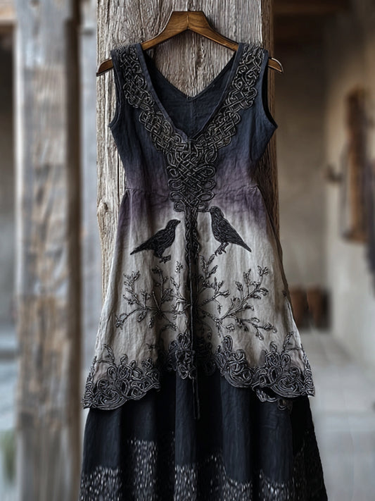 Comstylish Women's Halloween Crow Embroidered Tie Dyed Sleeveless Dress