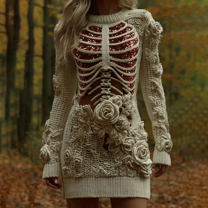Comstylish Women's Vintage Rose Skeleton Art Round Neck Knit Mini Sweater Dress