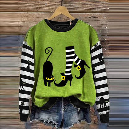 Comstylish Women's Witch And Cat Print Crew Neck Sweatshirt