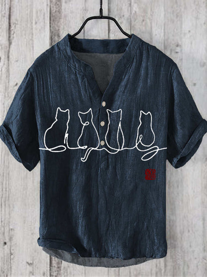 Japanese Cat Print Men's Linen V-Neck Shirt elevenforest