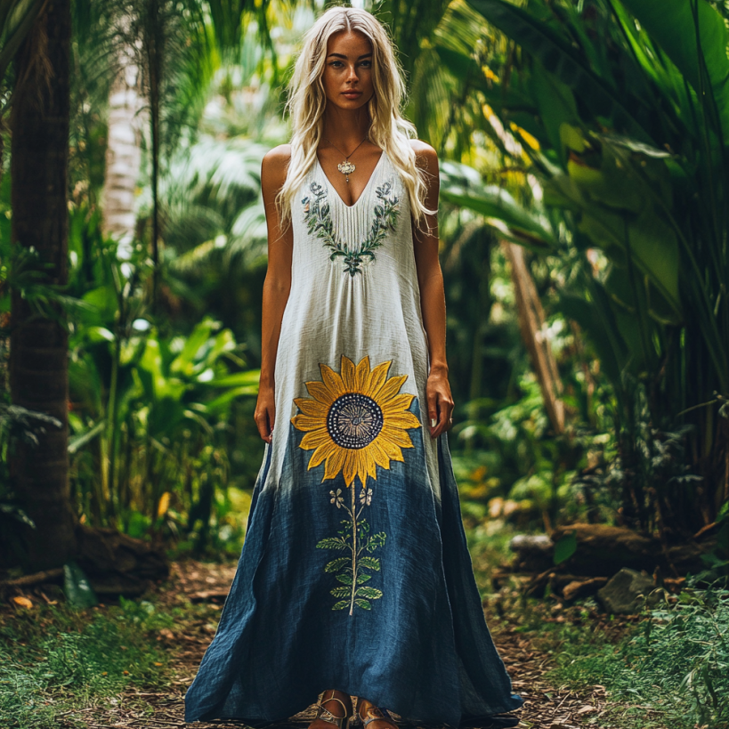 Bohemian Sunflower Embroidery Gradient Art Sleeveless Cozy Linen Maxi Dress artswardrobe