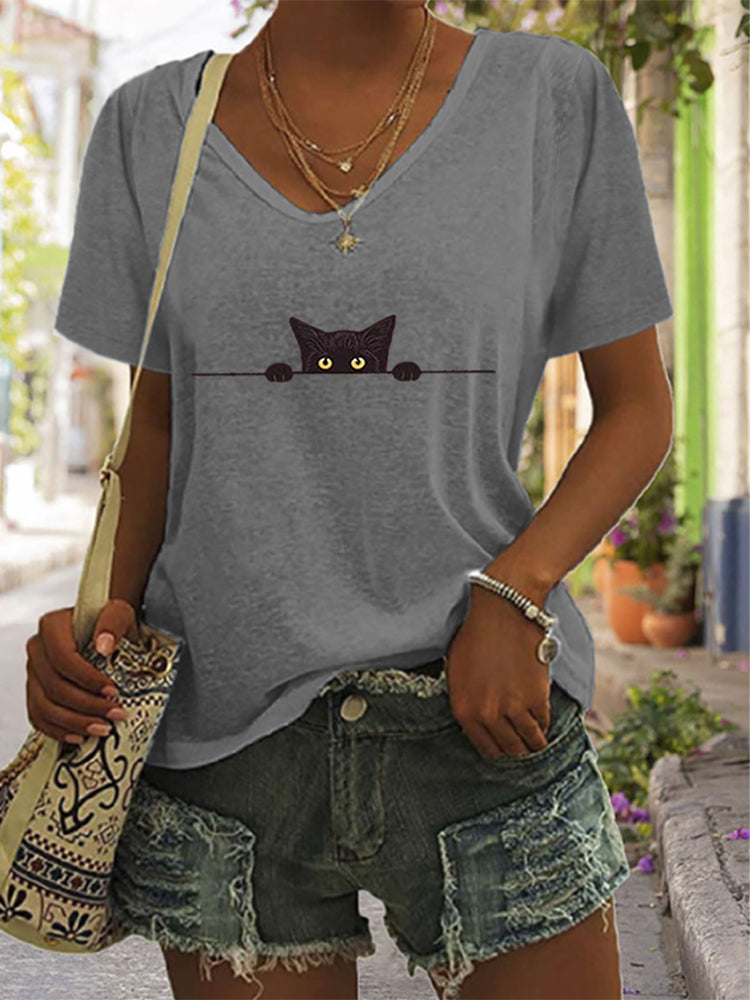 Women's Casual Black Cat Print T-shirt elevenforest