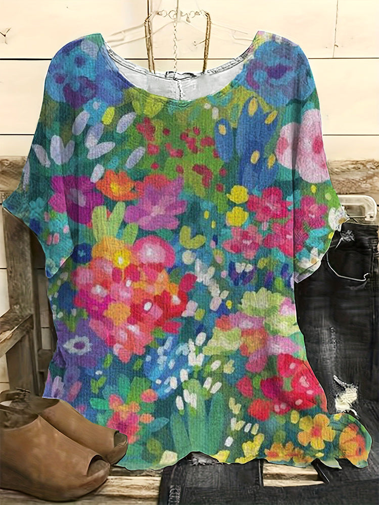 Comstylish Vintage Floral Art Print Casual Linen Blend Shirt