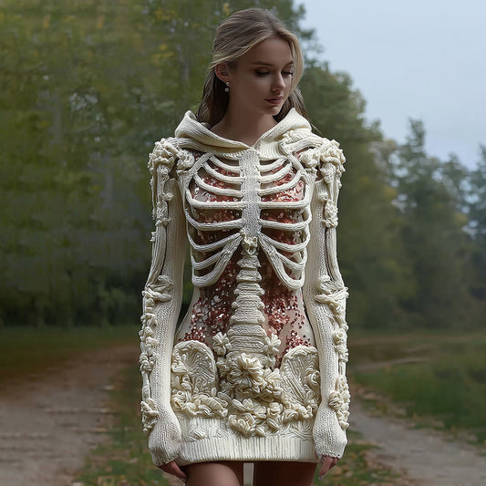 Comstylish Women's Vintage Halloween Skeleton Bones With Glitter And Rose Art Cozy Knit Hooded Sweater Dress