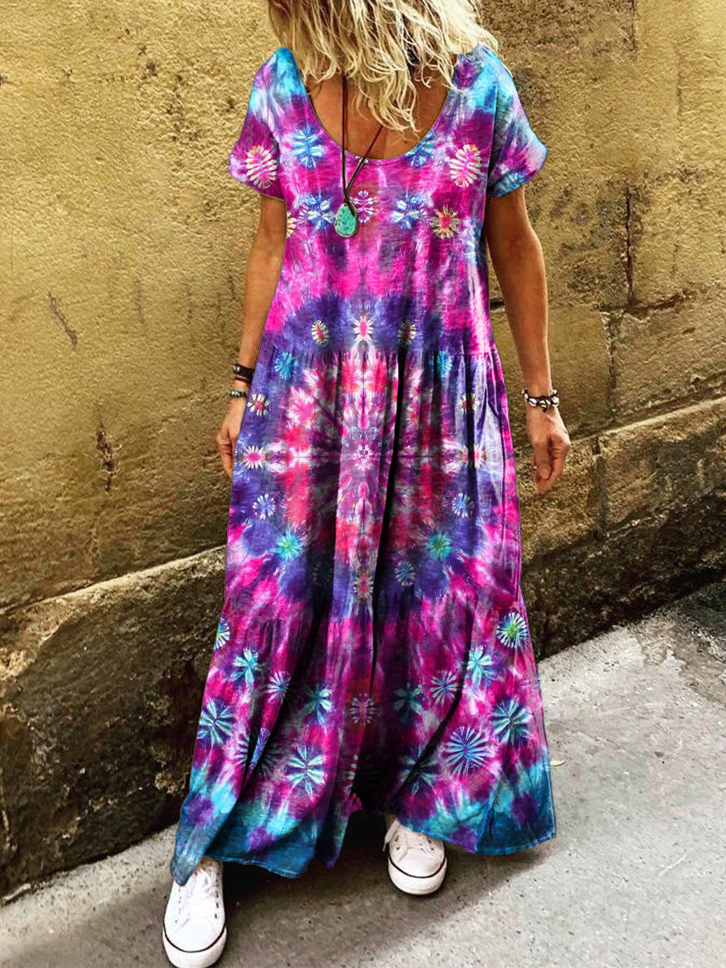Women's Colorful Mandala Art Print Pocket Short Sleeve Cotton Dress