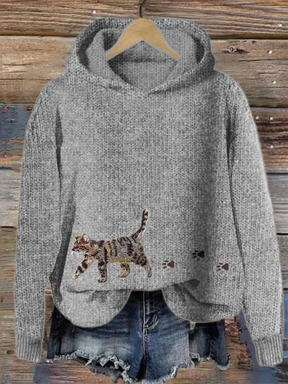 Cat & Paw Prints Embroidered Cozy Knit Hooded Sweater elevenforest