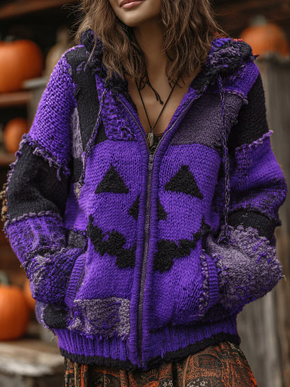 Patchwork Halloween Pumpkin Face Art  Cozy Knit Hooded Cardigan elevenforest
