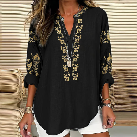 Comstylish Women's Vintage Ethnic Floral Linen V-neck Shirt