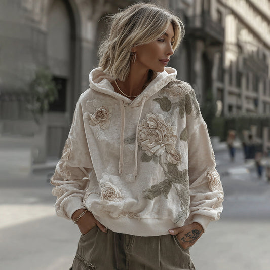 Comstylish Women's Retro Embroidery Floral Patchwork Art Cozy Hoodie