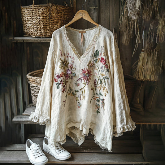 Comstylish Vintage Floral Embroidery Art Graphics Linen Blend V-neck Tunic