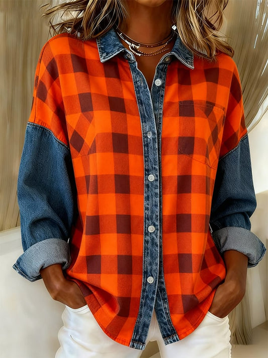 Women's Casual Lapel Plaid Splicing Shirt 