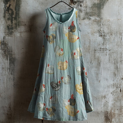 Vintage Farm Chicken Pattern Linen Tank Top artswardrobe