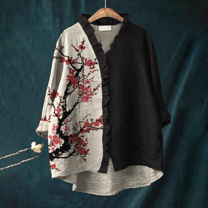 Comstylish Red Plum Blossom Japanese Art Contrast Ruffle Trim Linen Blouse