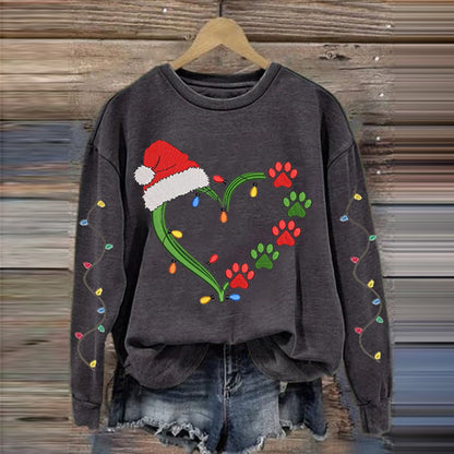 Comstylish Women's Christmas Lights Dog Paw Print Round Neck Sweatshirt