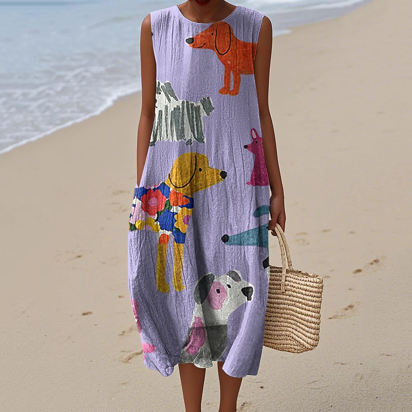 Women's Retro Cute Dogs Art Print Sleeveless Dress artswardrobe