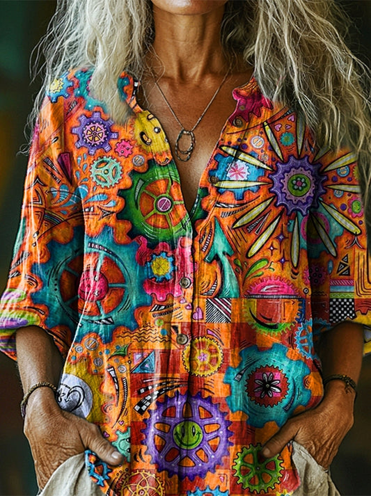 Women's Retro Ethnic Abstract Art Print Casual Cotton Linen Shirt