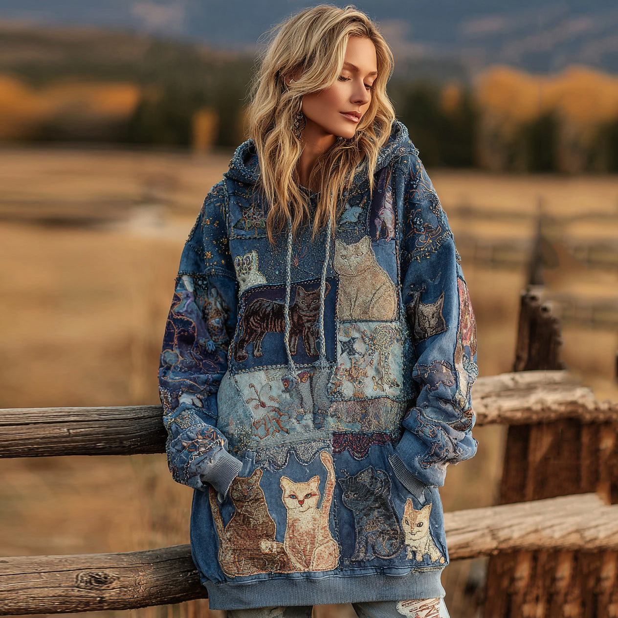 Women's Denim Patchwork Cute Cat Print Hooded Sweatshirt Dress elevenforest