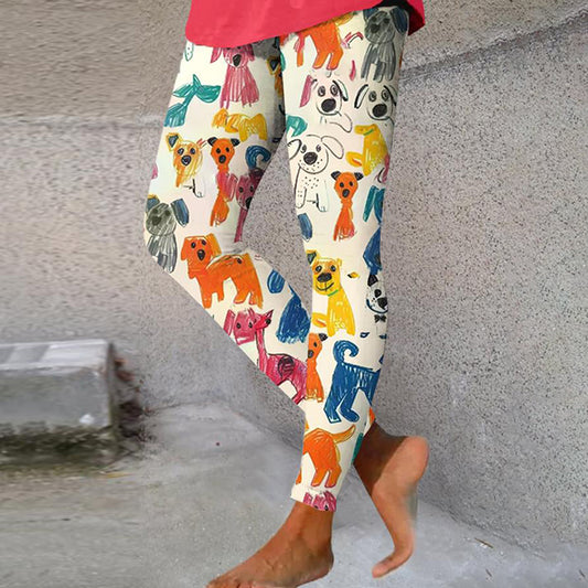 Comstylish Women's Cute Kid Drawing Dog Print Casual Stretch Pants