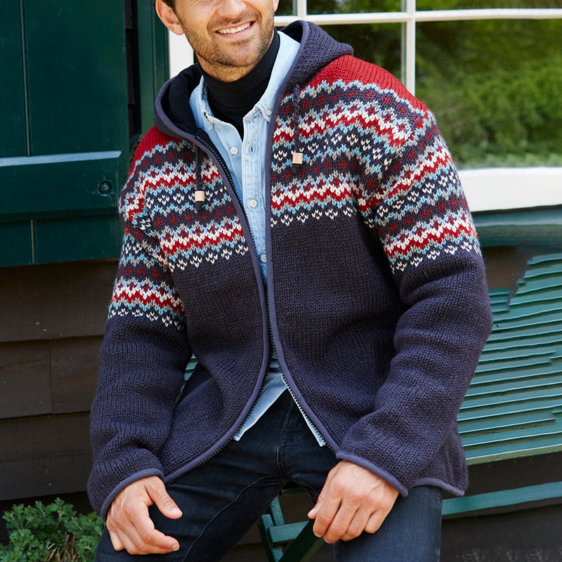 Classic Color Blocking Iceland Jacquard Zipper Hooded Sweatshirt elevenforest