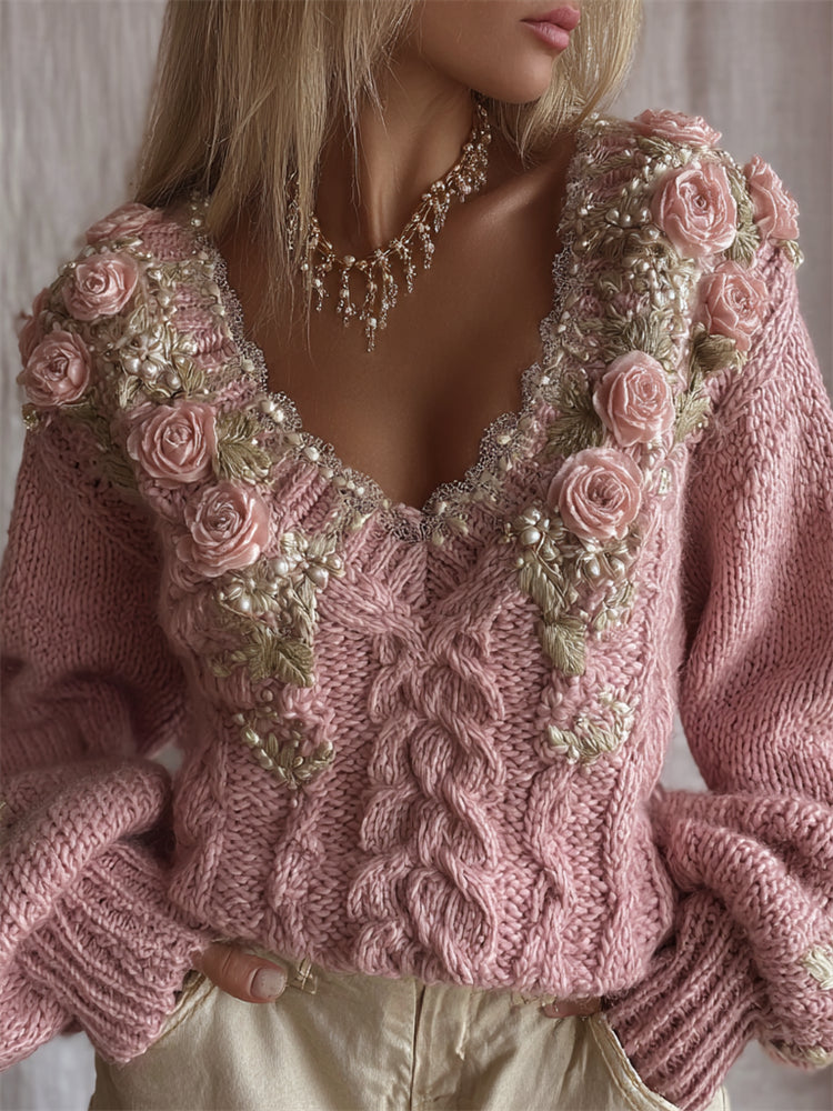 Vintage Tiny Pink Roses Glitter Cozy Cable Knit Sweater artswardrobe