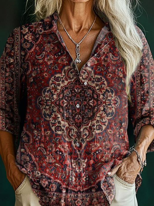 Women's Vintage Ethnic Tattoo Pattern Art Print Casual Cotton Shirt