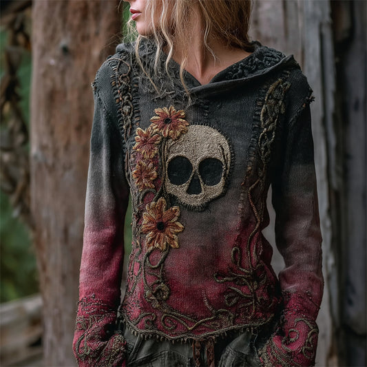Comstylish Vintage Skull Floral Celtic Gradient Cozy Knit Hooded Sweater